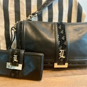 L.A.M.B. Black Leather/Gold Hardware Handbag & Wallet